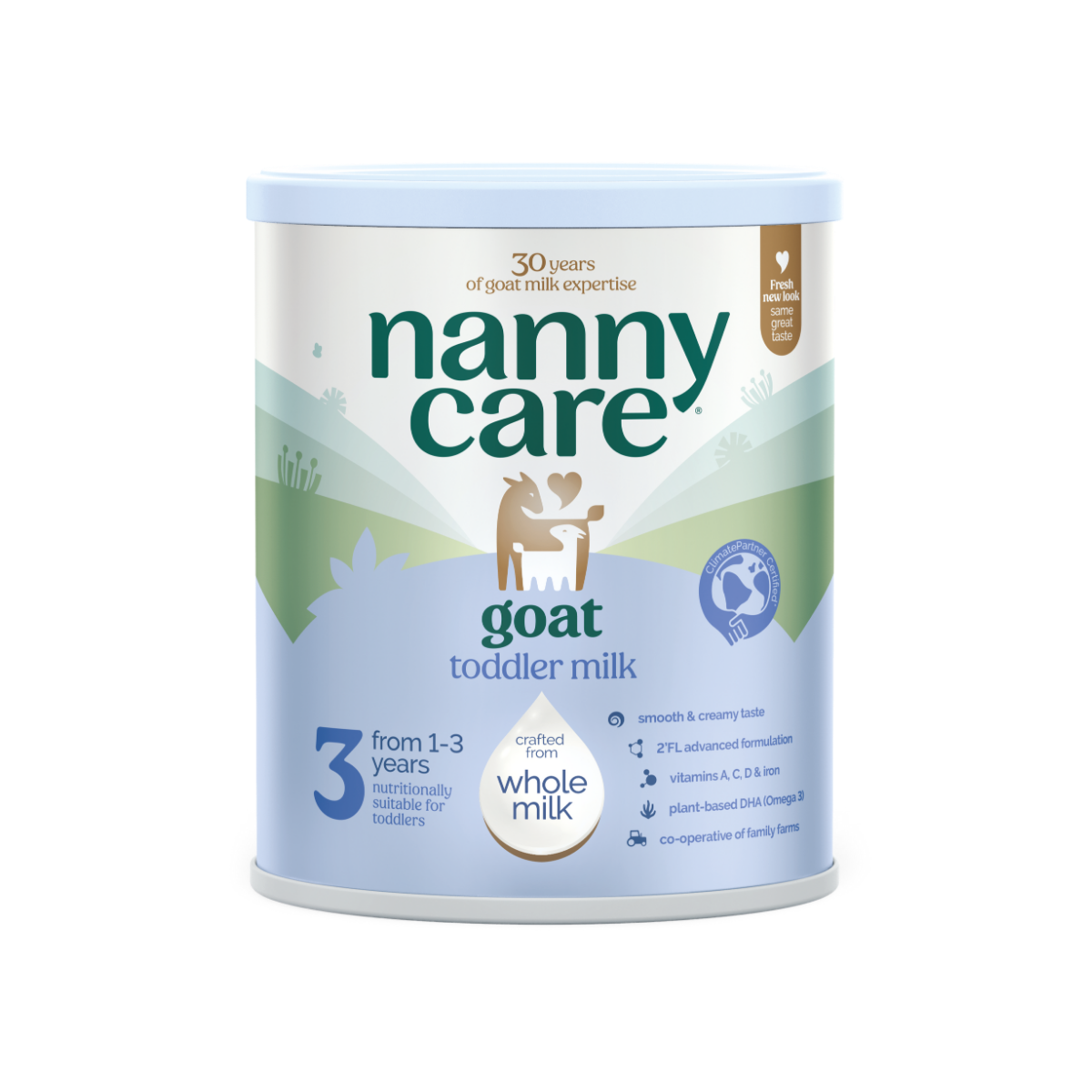 Nanny Care goat toddler milk can on a white background